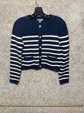 J.Crew Navy & White Striped Cropped Cardigan XS Gold Buttons Cotton Blend Womens